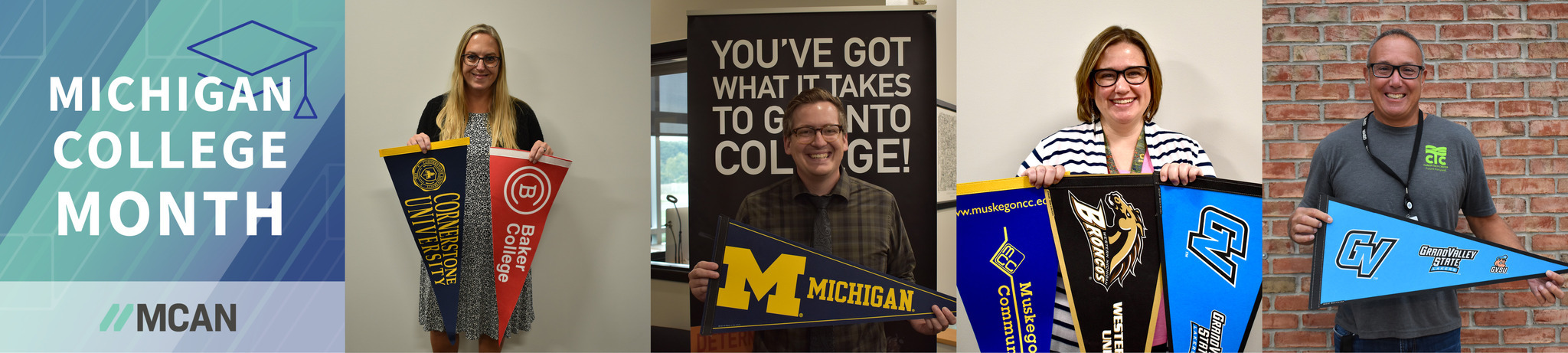 Career Tech Center staff holding college pennants