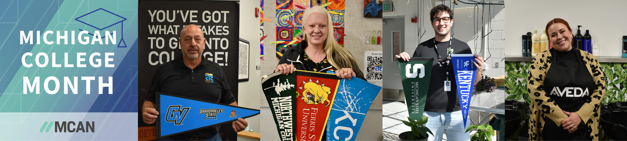 Career Tech Center staff holding college pennants