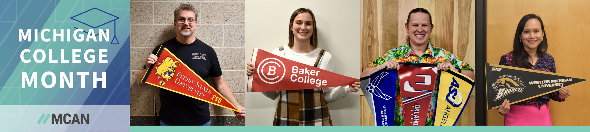 Career Tech Center staff holding college pennants