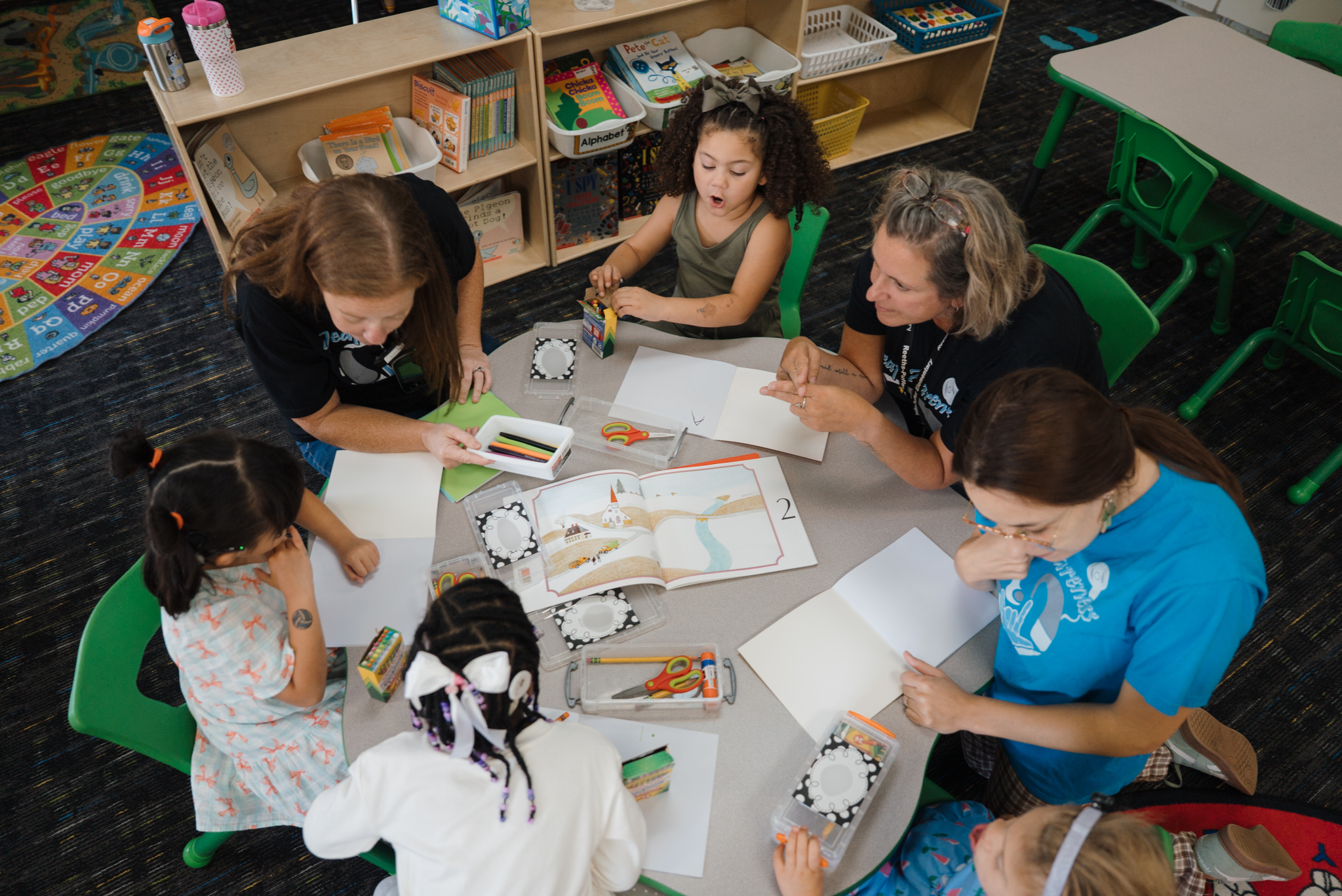 students working around a table