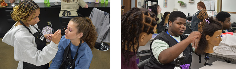 Cosmetology students, both male and female, practicing makeup application and braiding