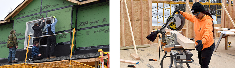 Construction Trades students installing a window and another using a chop saw