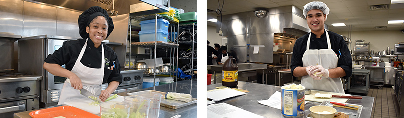 A Hospitality student practices her knife cuts while another measures ingredients for Baking & Pastry