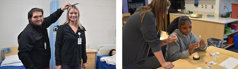 A pair of Health Science Academy students practice taking height measurements and while another learns how to give an injection