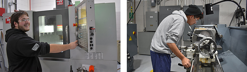 A Machining student checks on a project in a CNC machine while another practices working on a lathe