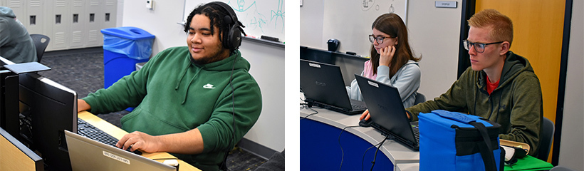 Software Design & Development students practicing writing code on computers 