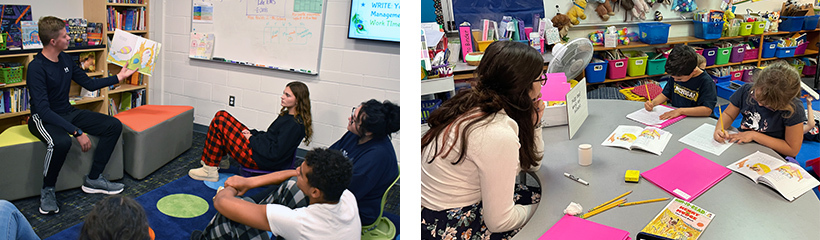 A Teacher Academy student practicing reading aloud to the class and another student working with elementary school children in a local classroom