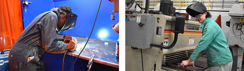 A Welding student welding in a booth and another student cutting a sheet of metal with a cutting machine